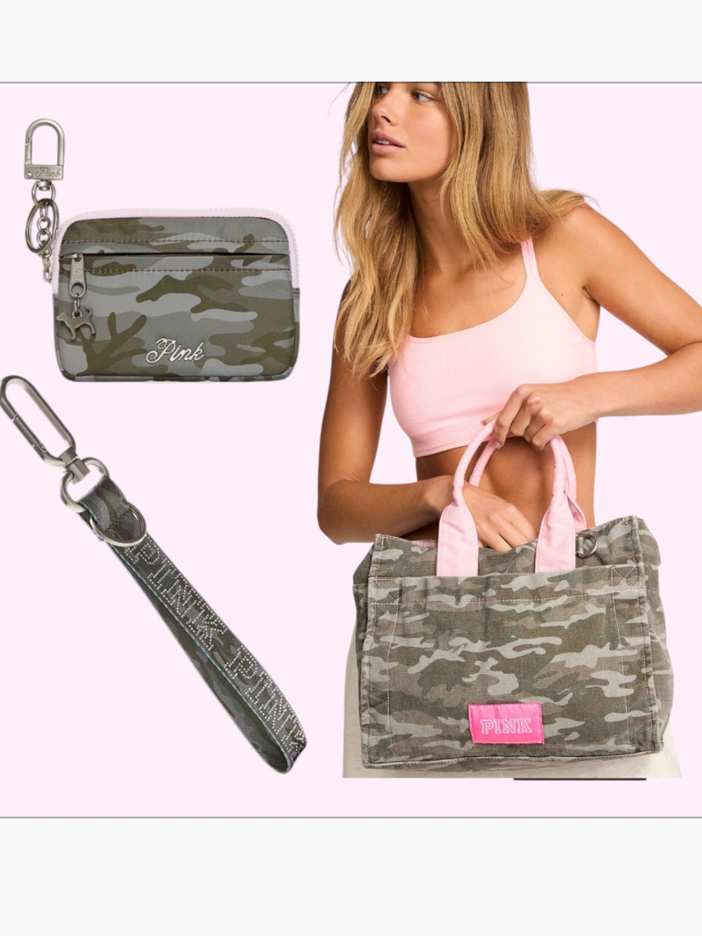 PINK  CAMOUFLAGE Mini Crossbody Tote Bag, Wristlet & Zip Card Holder